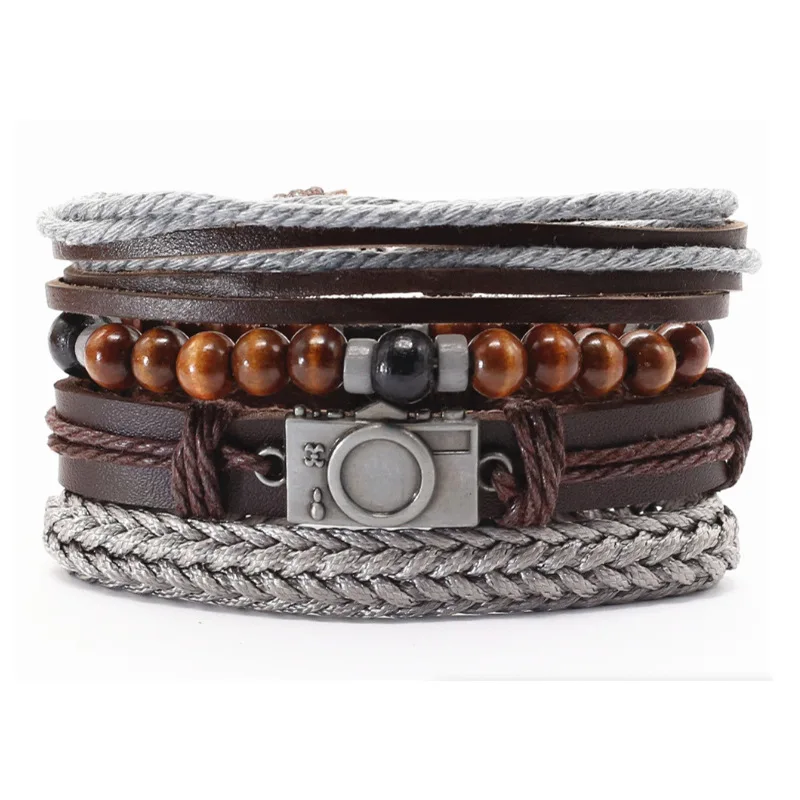 

WANGAIYAO new fashion ethnic retro style multi-layer suit hand-woven bracelet cowhide camera men's bracelet can be pulled