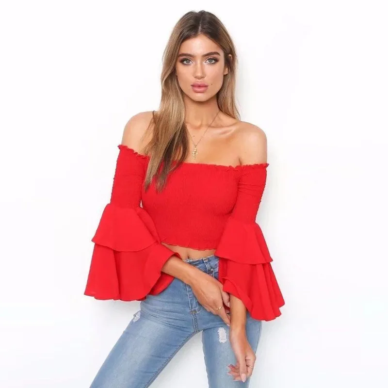 

Women's wear fashion summer sexy solid short top elastic trumpet sleeve short off shoulder top street style T-shirt red black