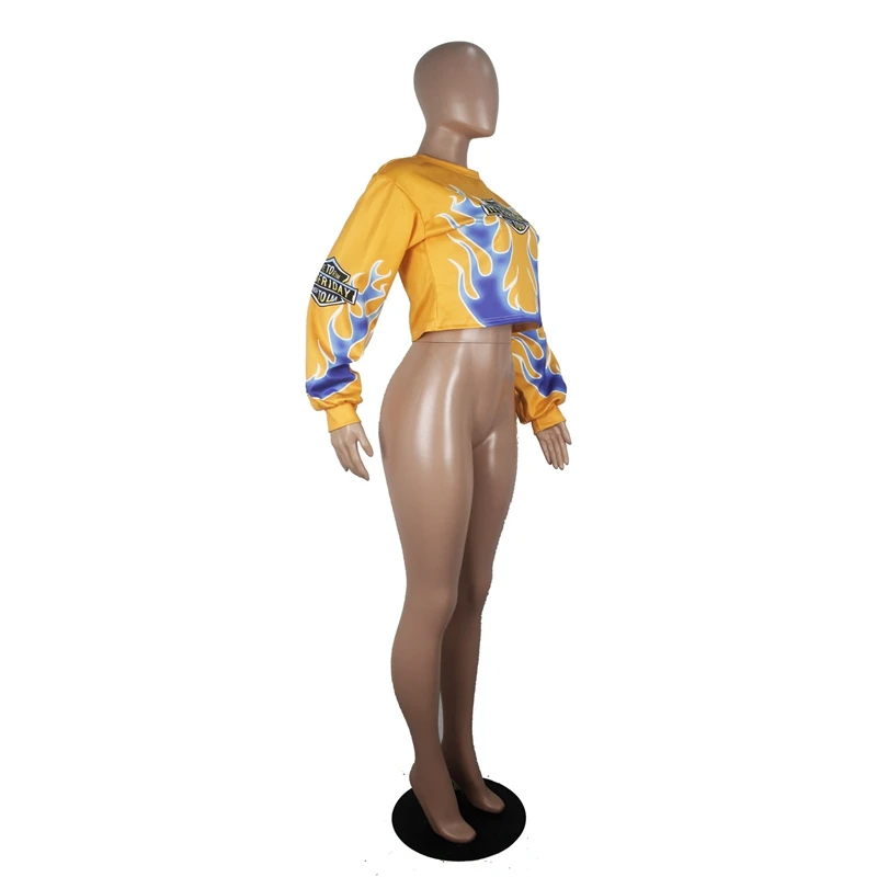 HAOYUAN/повседневные толстовки с принтом пламени Женская осенне-зимняя праздничная одежда уличная хип-хоп укороченная толстовка с длинными рукавами