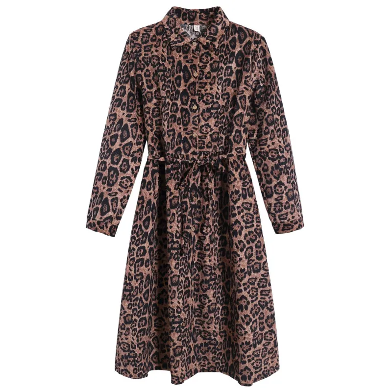 

Spring Autumn Women Long Shirt Dress Gorgeous Leopard Print Lace Up Cardigan Dress Mori Girl Elegant Corduroy Vintage Dress