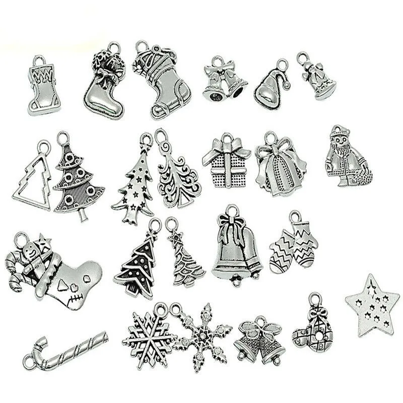 20Pcs Antique silver Смешанные металлические шармы рождественские подвесные орнаменты бусины для изготовления ювелирных изделий Рождественская елка лось Санта Клаус Снеговик DIY браслет серьги - Окраска металла: 20Pcs Antique silver