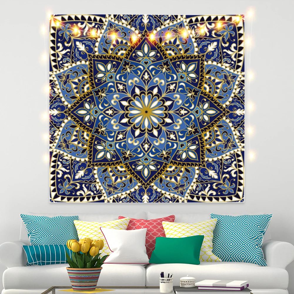 

Mandala Flower Tapestry Blue and Yellow Psychedelic Wall Hanging Dorm Bedroom Boho Decorative