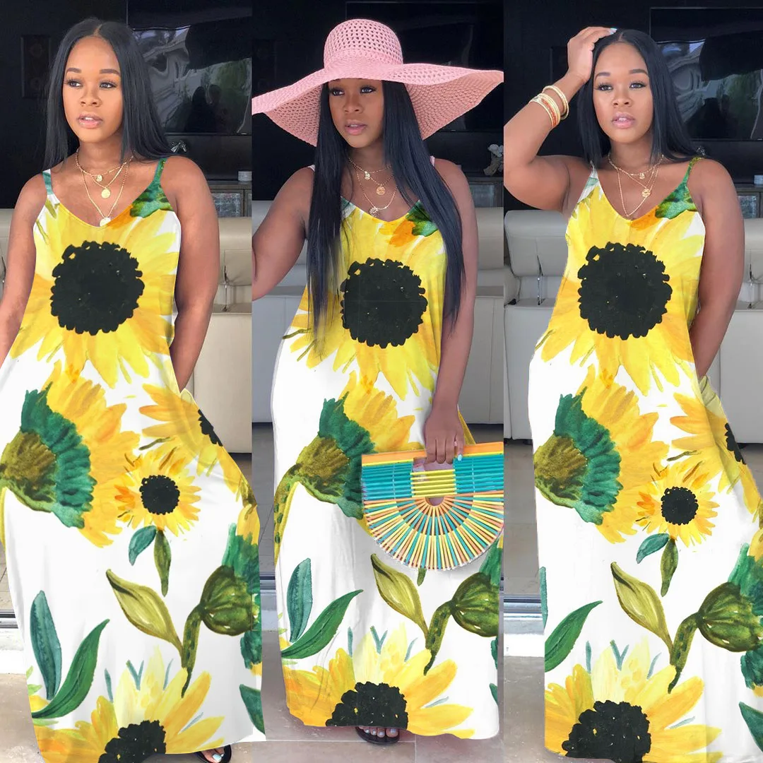 Женское платье в африканском стиле летнее богемном с принтом подсолнуха |