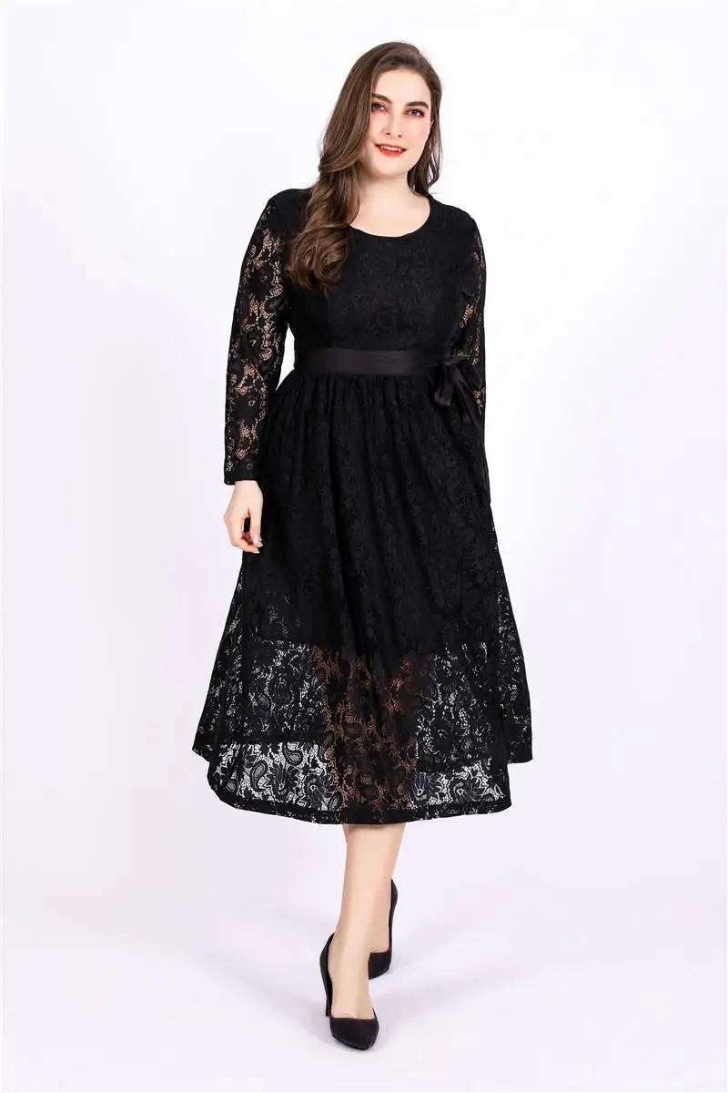 

5xl 6xl 2019 vintage lace party dress elegant with belt big size women winter dress casual plus size long dress large vestidos