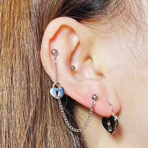 Unique Helix Piercing Heart Ear Stud Chain Cartilage Earrings Industrial Tragus Lobe Conch Ear Piercings Earring Jewelry Korea