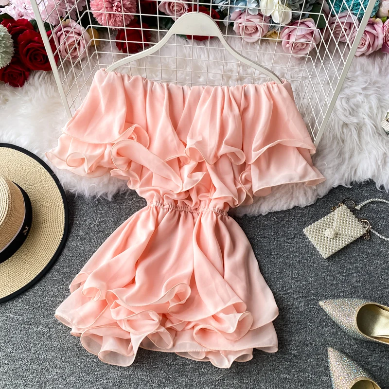 

2021Summer Sexy Multi Layer Ruffled Slash Neck Off The Shoulder Petal Sleeve Loose Blouse Women Close Waist Solid Chiffon Blouse