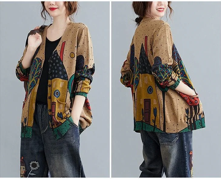 

2020 autumn winter vintage printed Single Breasted Cardigans Womens Sweaters V-Neck Long Sleeve chic female Knitwear outerwear