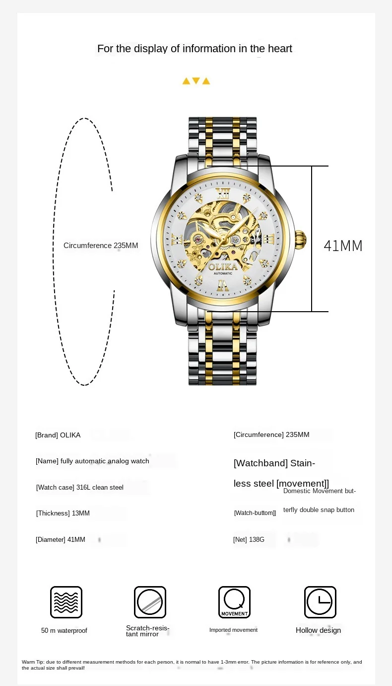 Watch Men Relogio Masculino Fashion Hollow  Steel Large Dial Automatic Watches Analog Wristwatch Luminous Business Men's Watch