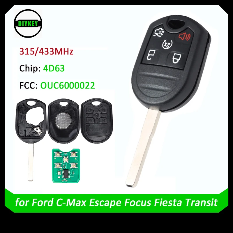 

DIYKEY 315MHz / 433MHz Adjustable Frequency 4D63 Chip OUC6000022 Remote Key Fob for Ford C-Max Escape Focus Fiesta Transit