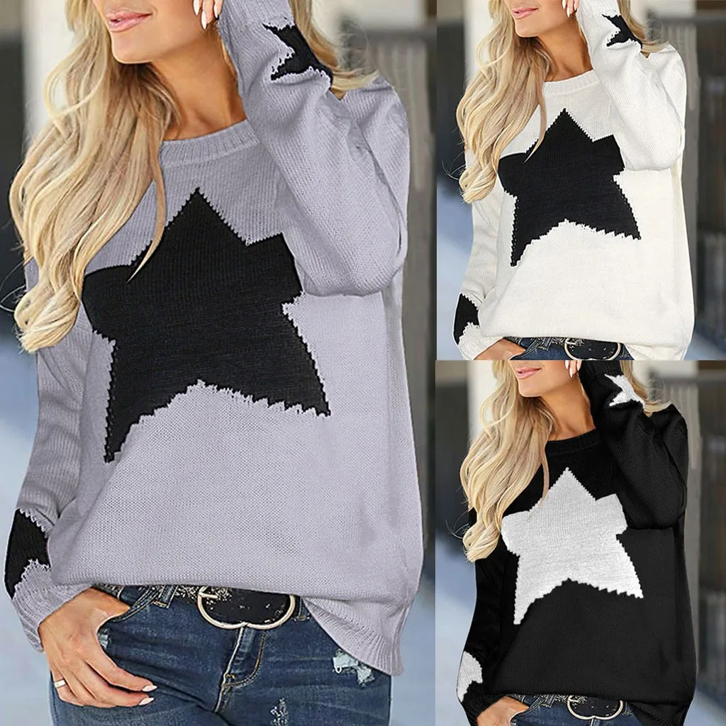 Autumn/winter 2019 new Hong Kong style sweater women's pullover loose retro hairy five-pointed star knitted Women A30827 | Женская