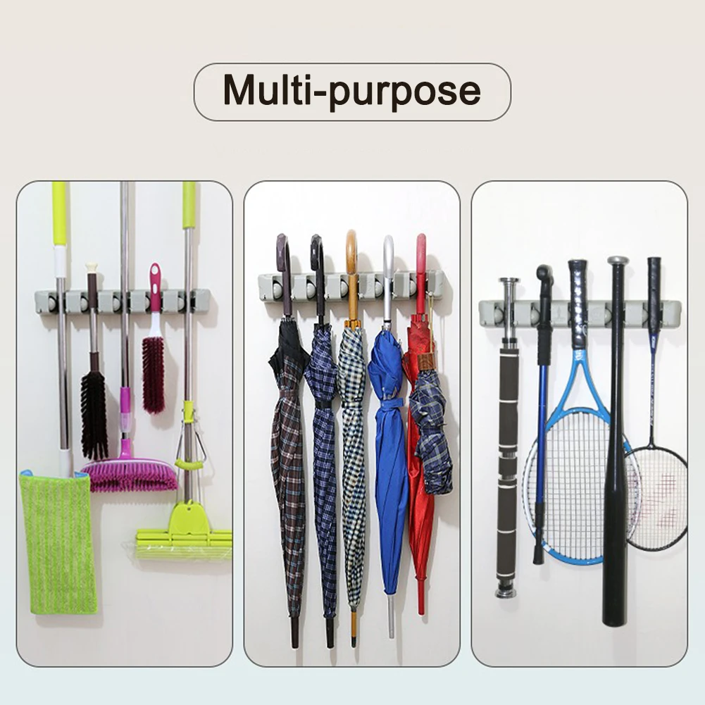 

Mop and Broom Holder Wall-Mounted Storage and Organization Tools Rack with 5 Ball Slots and 6 Hooks