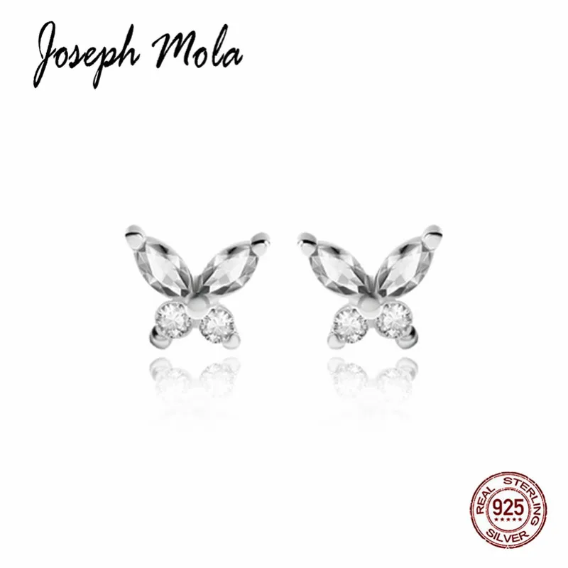 Joseph Mola 925 Sterling Silver Cute Small Butterfly Cubic Zirconia Stud Earrings For Women korean Style Fashion jewelry | Украшения и