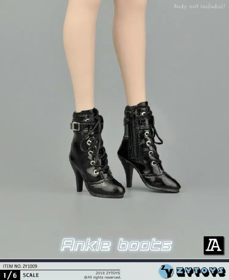 

1/6 High-heeled Shoes Ankle Boots Middle Tube Lace zipper-up Women's Leather boots For Female Action Figure Accessory