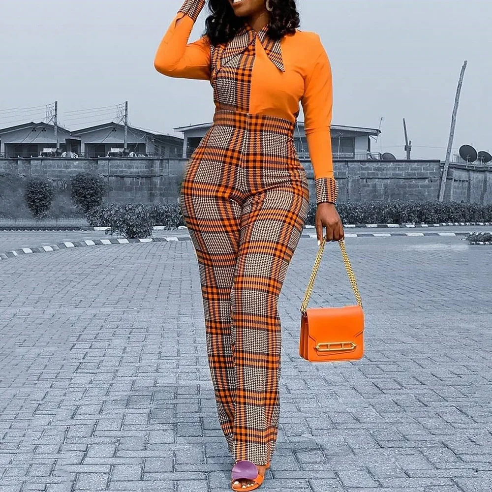 

Long Sleeve Plaid Jumpsuit Women Office Lady Spring Autumn Party Club Patchwork Loose Straight Rompers Solid Playsuits Female