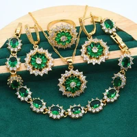 gold color jewelry sets for women wedding green white blue zircon bracelet earrings necklace pendant ring new year gift