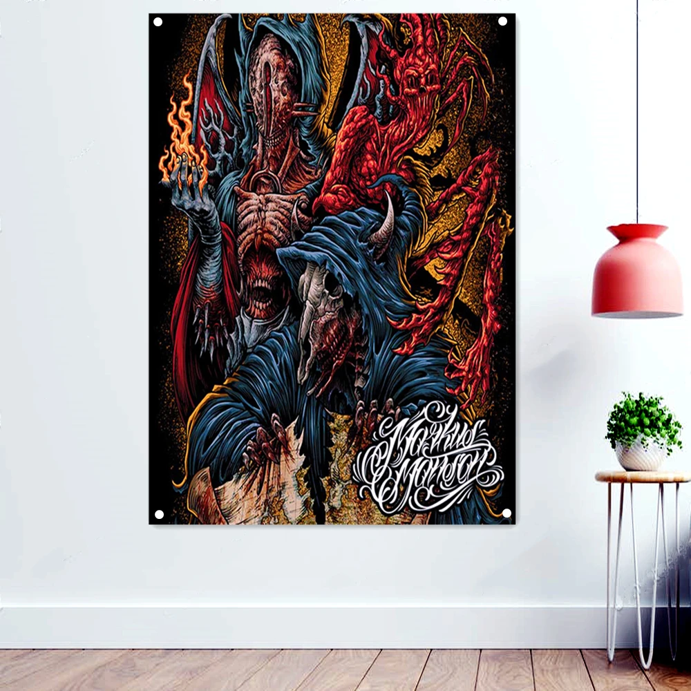 

Demon Horror Disgusting Art Banners Hanging Cloth Home Decoration Death Metal Music Posters Wall Art Rock Band Icon Flags Gifts