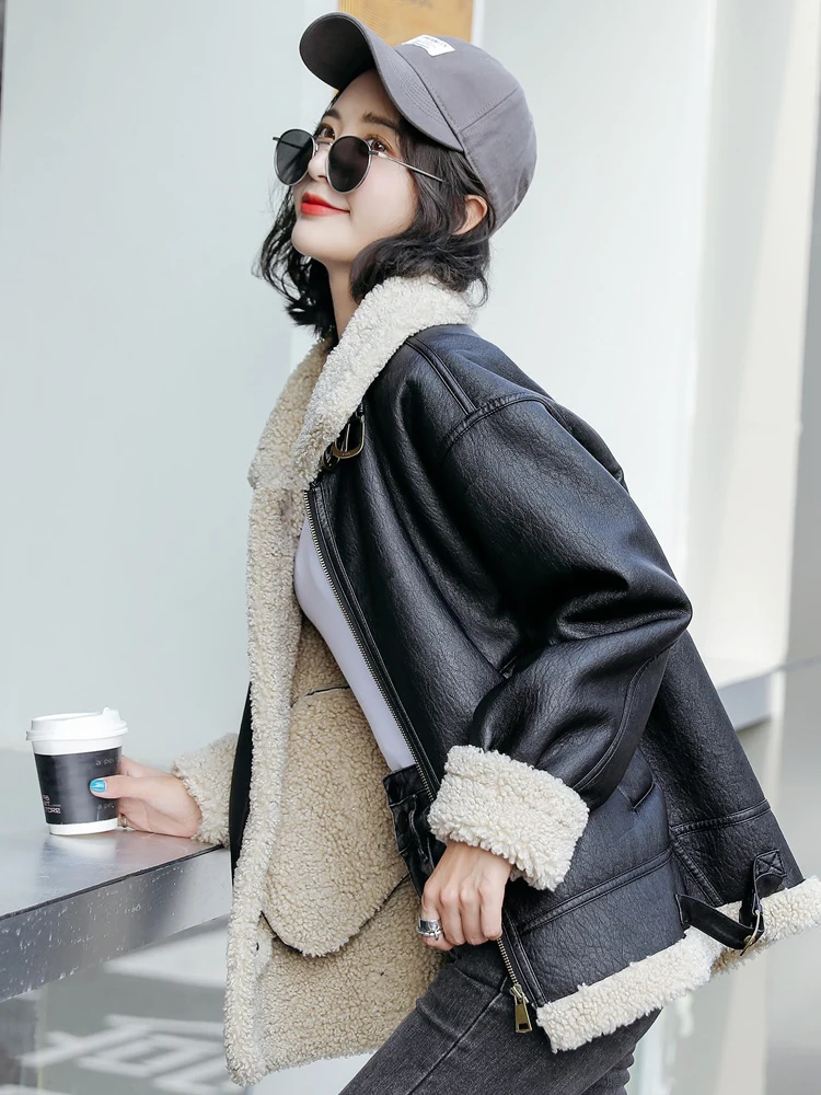 New Women Double Faced Fur Coat Autumn Winter Casual Fashion Moto Biker Style Lamb Plush Liner Thick Warm Sheepskin Leather Coat