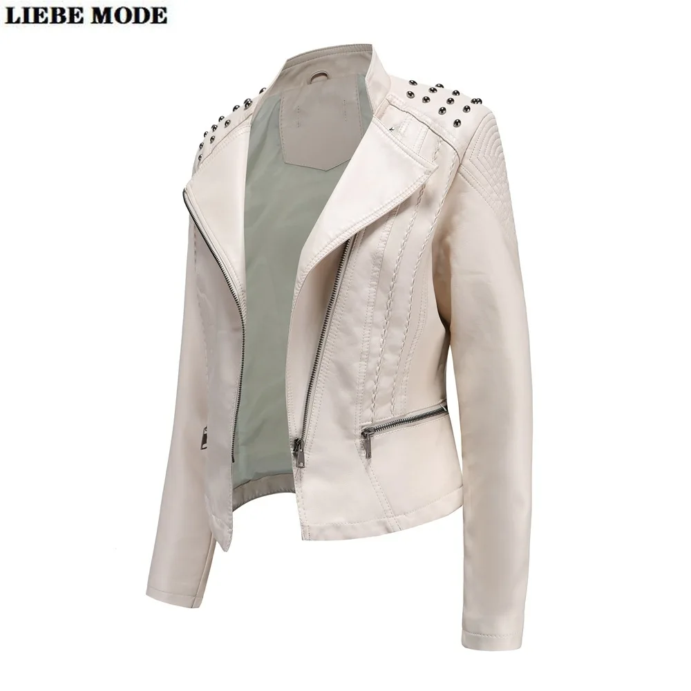 Womens Motorcycle Biker Faux Leather Jacket Women Punk Style Rivet Zipper Pu Coat Autumn Winter Brown Pink Red Slim Short Jacket