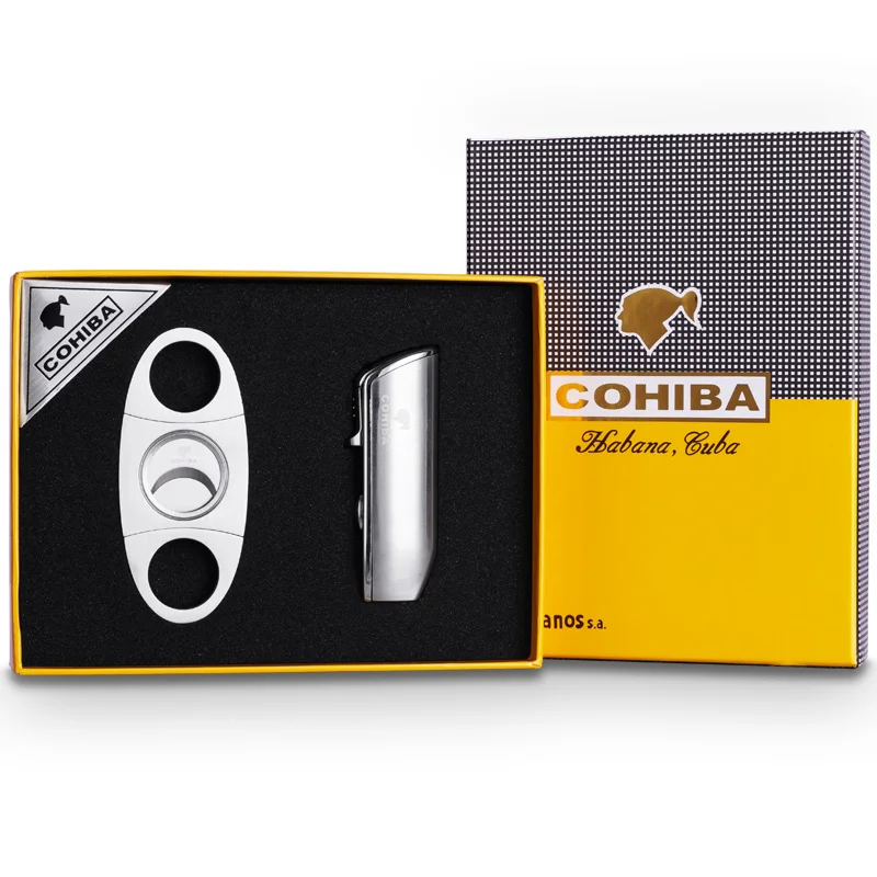 silver set COHIBA ветрозащитная 3 фонарь Jet Flame бутан Газовая металлическая зажигалка с сигары резак подарочный набор CL-TZ009a - Цвет: silver set