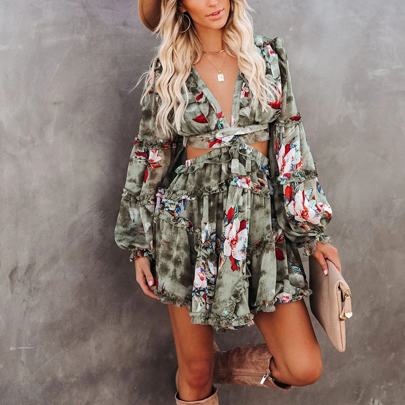 Women's V-neck Chiffon Printed Dress Halter Bow Ruffle A-shaped Hollow Folded Beach Holiday Dress Spring 2021 bathing suit cover