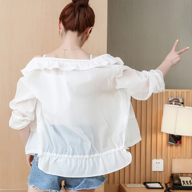 

#5360 Green Pink White Short Jacket Outerwear Womens Ruffled Collar Korean Style Casual Sunscreen Women Coats And Jackets Thin