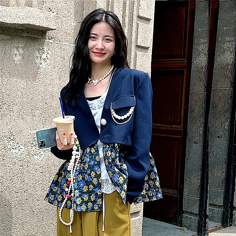 

Loose Women Spliced Patchwork Woman Blazers V Neck Korea Style Blazers Women Pearls Chains Ruffles Coats Blazers SY207
