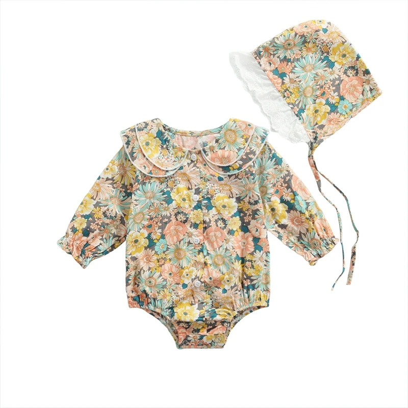 

2pcs Autumn Baby Girls Lovely Romper Hats 0-18M Flowers Printed Ruffles Peter Pan Collar Long Sleeve Jumpsuits
