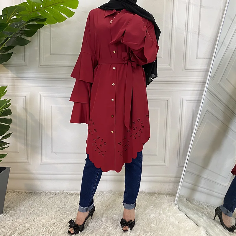 Длинные рубашки мусульманская женская мода рукав-лепесток одежда Оман Дубай