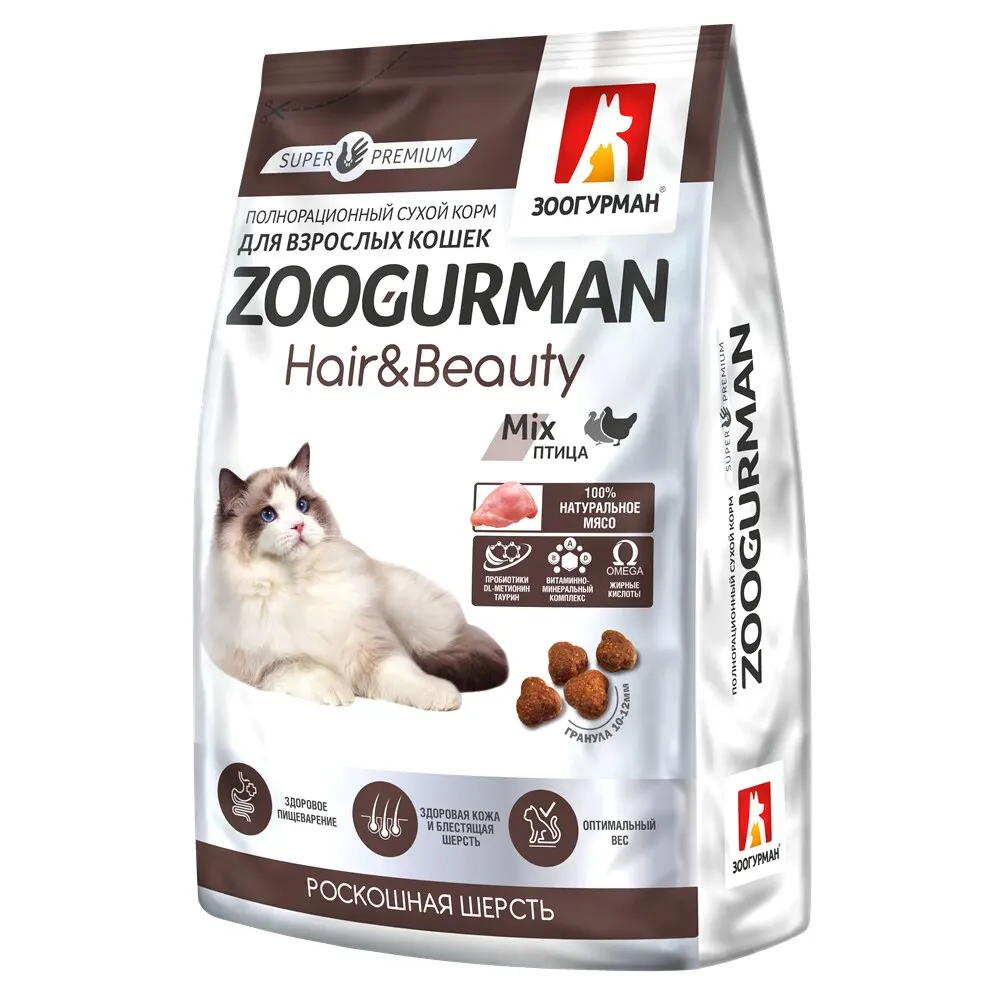 Зоогурман / Полнорационный сухой корм Hair &amp Beauty Птица Роскошная шерсть Для
