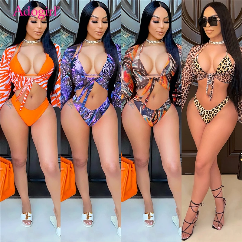 

Adogirl Leopard Zebra Print Summber Beach 3 Piece Set Women Sexy Swimming Suit Bra Top Briefs Long Sleeve Cardigan Swimwear