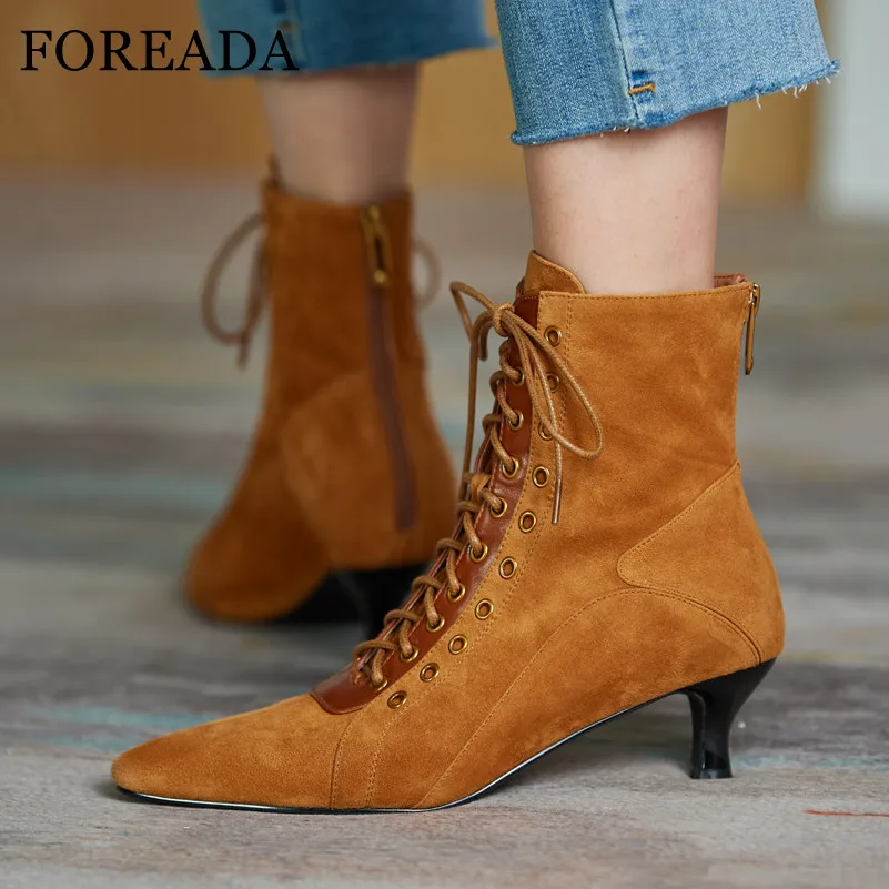 

FOREADA Med Heel Woman Boots Natural Genuine Leather Ankle Boots Lace Up Thin Heel Short Boots Zip Square Toe Female Shoes 33-40