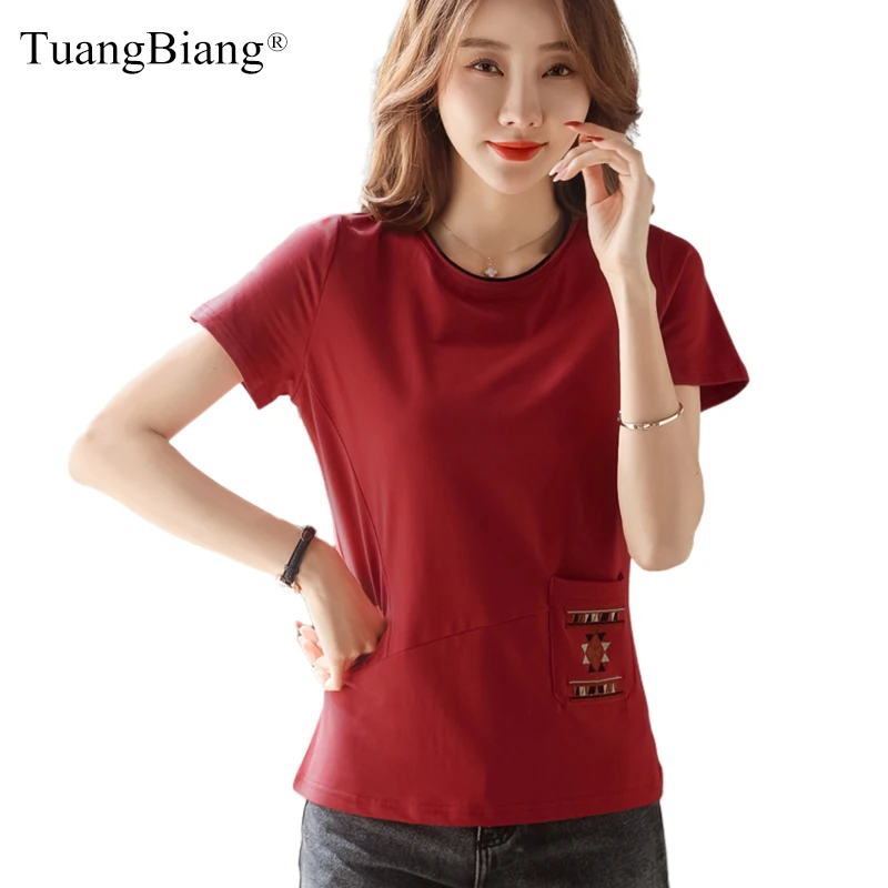 TuangBiang 2022 Summer Loose Cotton Ribbed T-Shirt Women Embroidered Pockets Short Sleeve TShirt O-Neck Burgundy Patchwork Tops