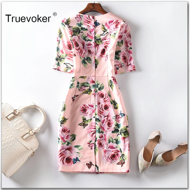 

Designer Dress Women's High Quality Short Sleeve Pink Rose Floral Printed Noble Dress Plus Size XXL Vestido