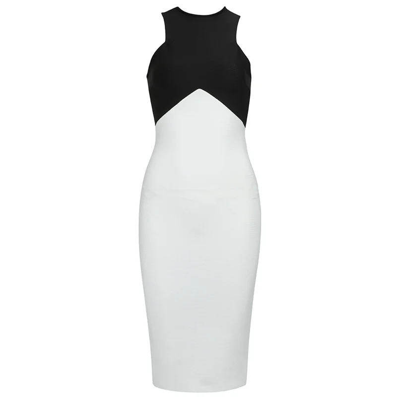 

Bevenccel New Arrival Black White Patchwork Summer Bandage Dress Women Sexy 2021 O Neck Sleeveless Bodycon Runway Party Dress