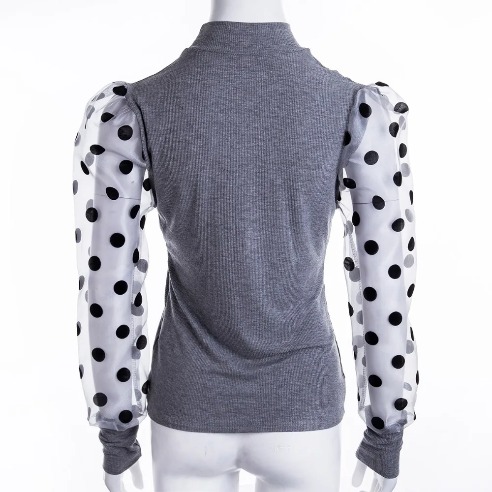 

Women Spring Mesh Puff Long Sleeve Ribbed Knitted Shirt Loose Casual Polka Dots Blouse Tops Elegant Turtleneck Party Clubwear