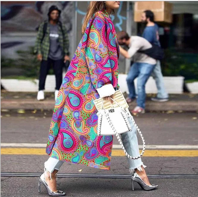 

European and American fashion lapel print double-sided long-sleeved pockets loose long women's coat woolen coat women's clothing