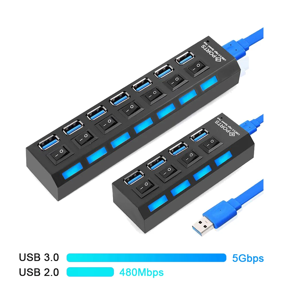 

Usb-хаб 3,0 Мульти USB сплиттер 4/7 порт расширитель переключатель USB3.0 концентратор с адаптером питания для Windows портативных ПК