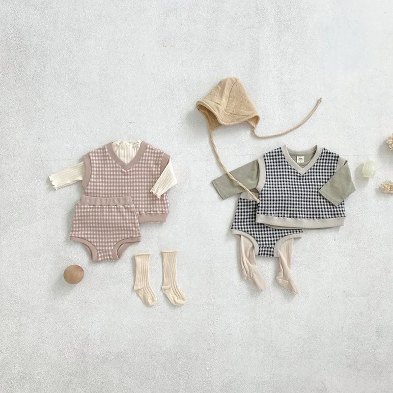 Conjunto de ropa para beb&eacute;, chaleco bonito a cuadros + Pantalones de Pp, 2 uds., traje infantil, conjunto sin mangas, trajes de Ni&ntilde;os Peque&ntilde;os 2021-3