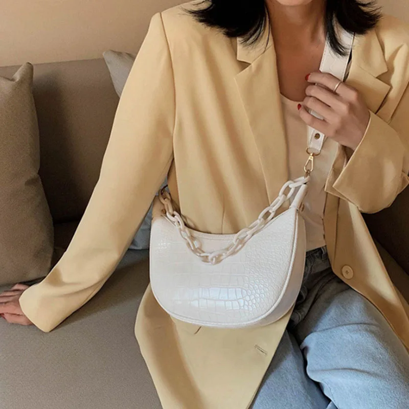 

Fashion PU Leather Crossbody Bag Women Retro Stone Pattern Baguette Bag Casual Chains Handbags Advanced French Shoulder Bag