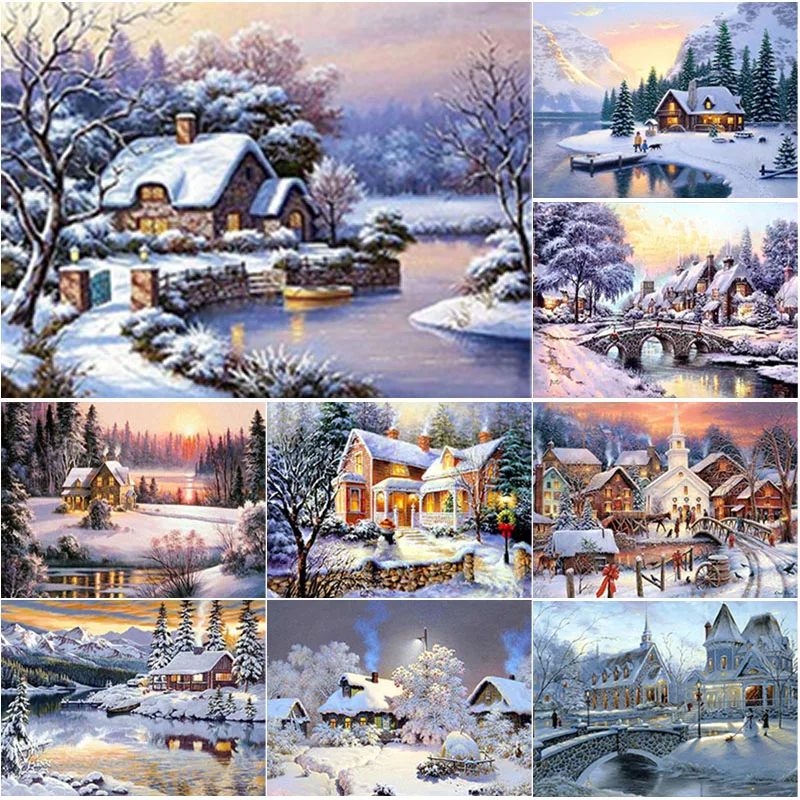 

New 5D DIY Diamond Embroidery Snow View Cottage Diamond Painting Snow Scene Cross Stitch Full Square Round Drill Home Decor Gift