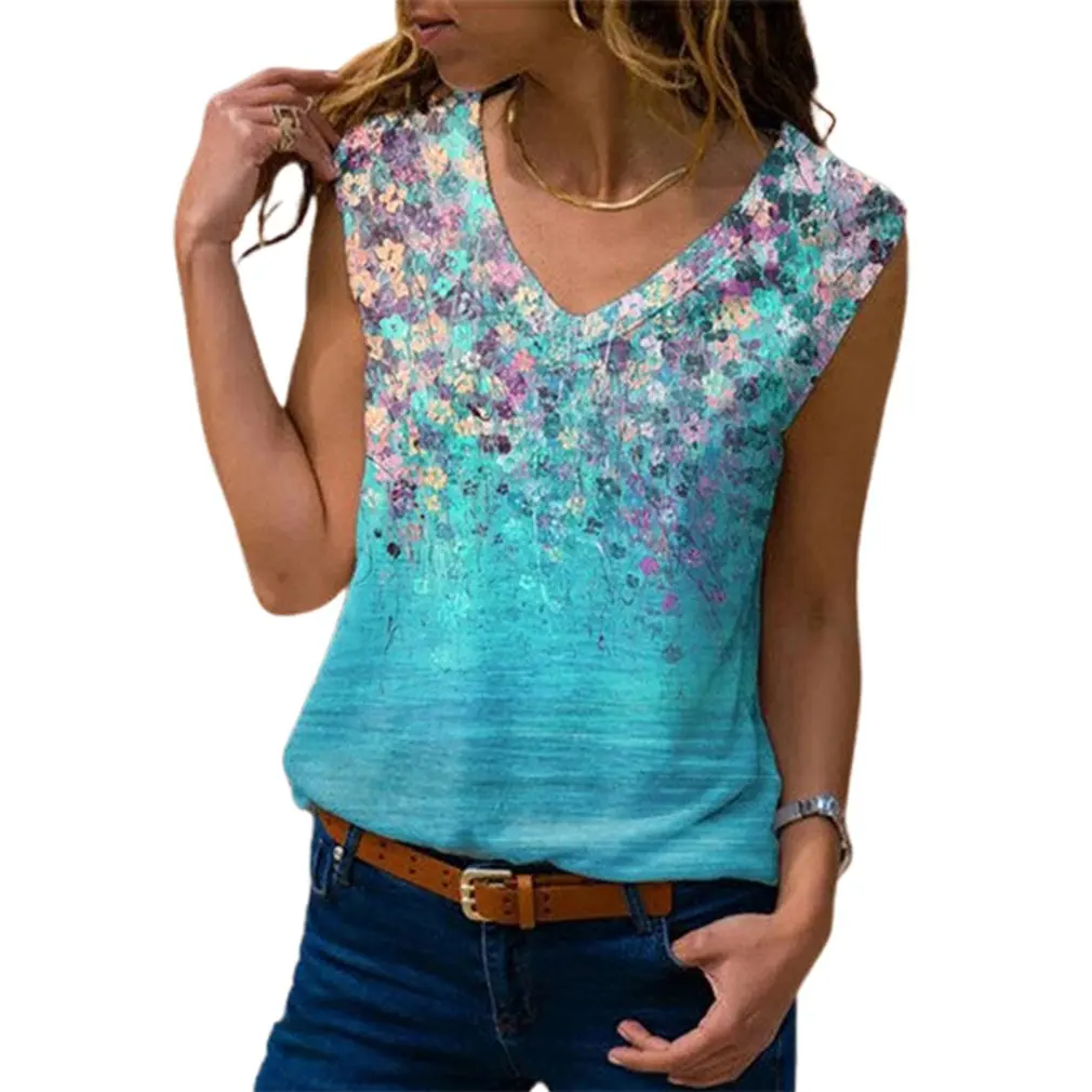 

5XL Fashion Flower Print Shirt Casual Spring Summer Sleeveless Pullover Tops Elegant Women V-Neck Blouse Streetwear Plus Size