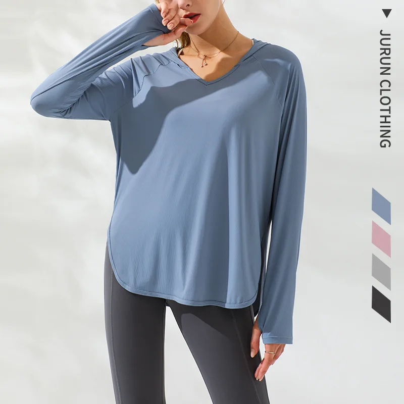 

Yoga New Spring Autumn Women Hooded Long Sleeve Yoga Clothes Leisure Loose V Neck Fitness T-shirts /40