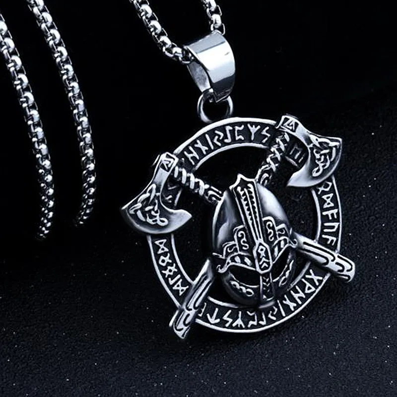 

Viking Axe Warrior Round Pendant Chain Necklace For Men Boy Punk Goth Gift Wholesale