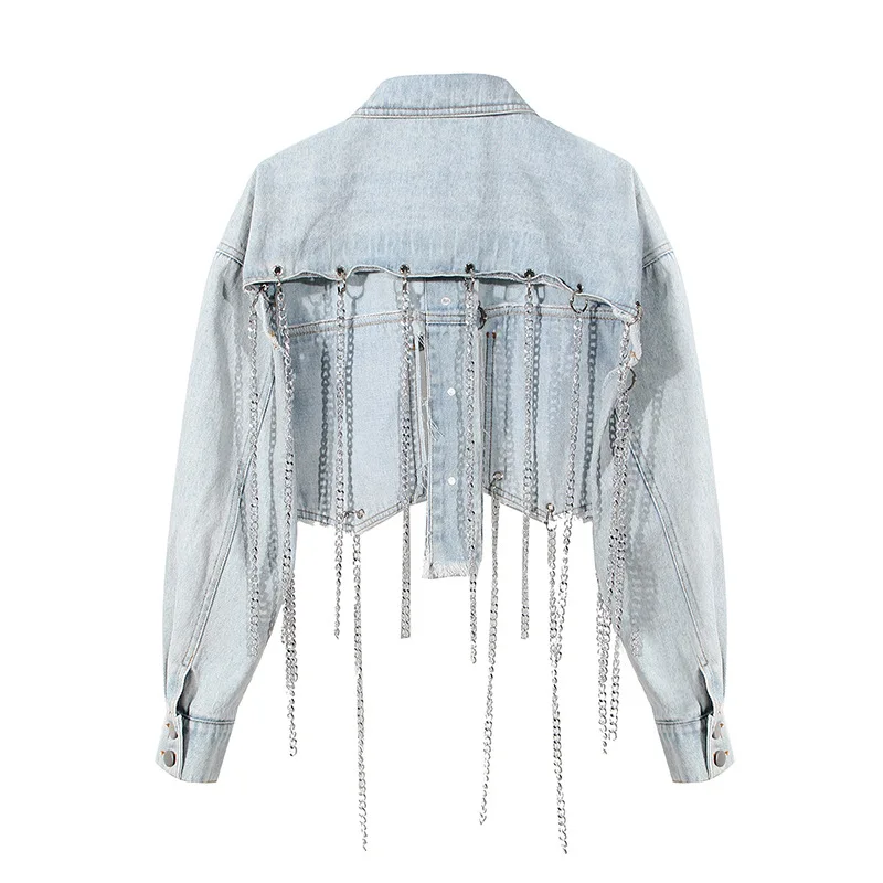 

Spring Chain Women Denim Jacket 2021 New Loose Skinny Lapel Long Sleeve Decoration Short Denim Jacket Fashion