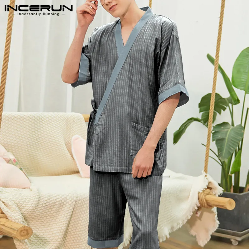 

INCERUN 2021 Striped Men Pajamas Sets Half Sleeve V Neck Sleepwear Japanese Kimono Leisure Homewear Shorts Retro Pyjamas Suit