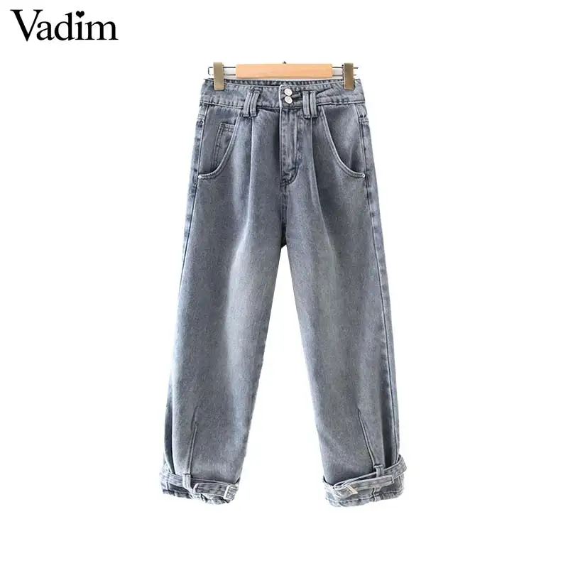 Vadim Женские базовые джинсы высокая талия подол ремень молния карманы женские