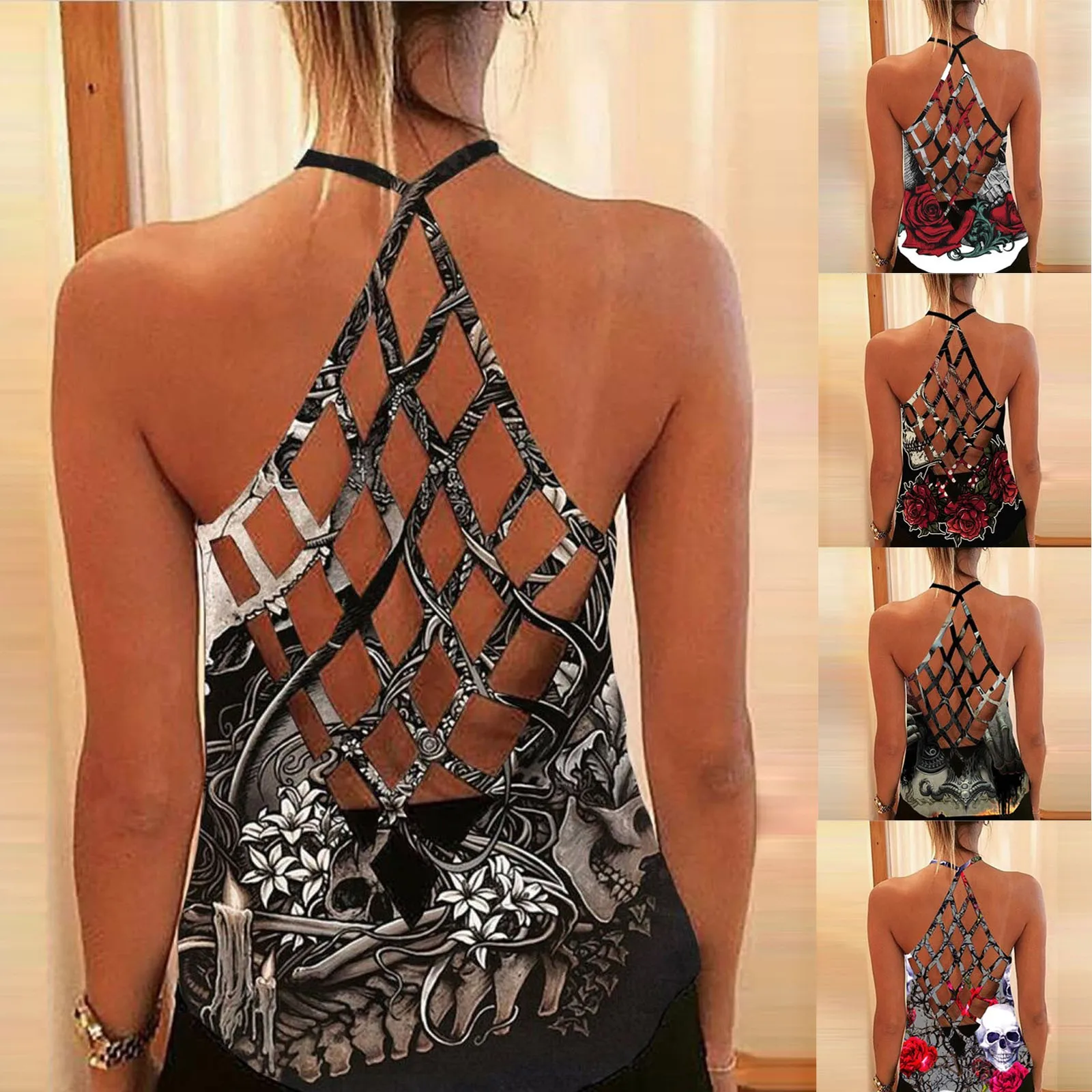 

Womens Blouses Summer Sleeveless Personalized Printed Sexy Cross Strap Backless Funny Shirts Femmes Breathable Backless Blouses