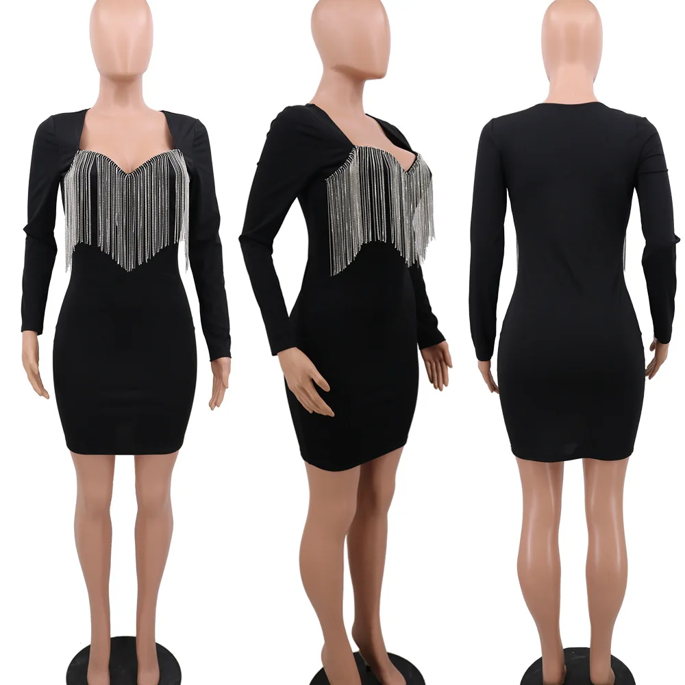 

Women Long Sleeve Crystal Tassels Sexy Mini Dress