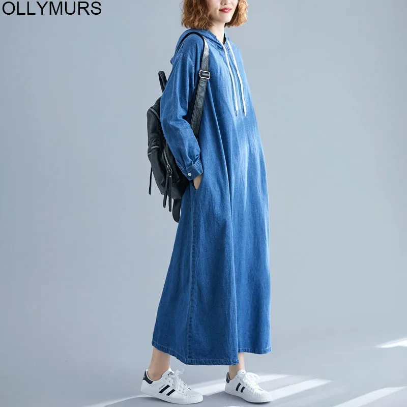 Dress Women 2019 Autumn Fashion Loose Vintage Denim Plus Size Hoodie Sweatshirt Big Ladies Cotton Robe Femme | Женская одежда
