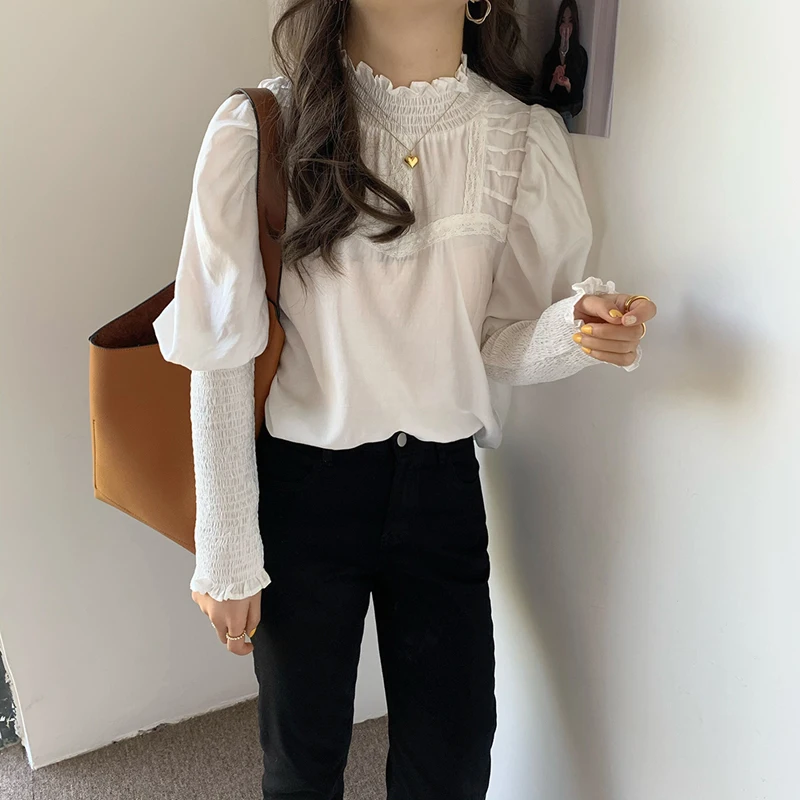 

Women Chic 2021 Shirt Spring Retro Gentle Solid Stand Collar Lace Sweet Long Sleeves Elegance Blouse Female Tops
